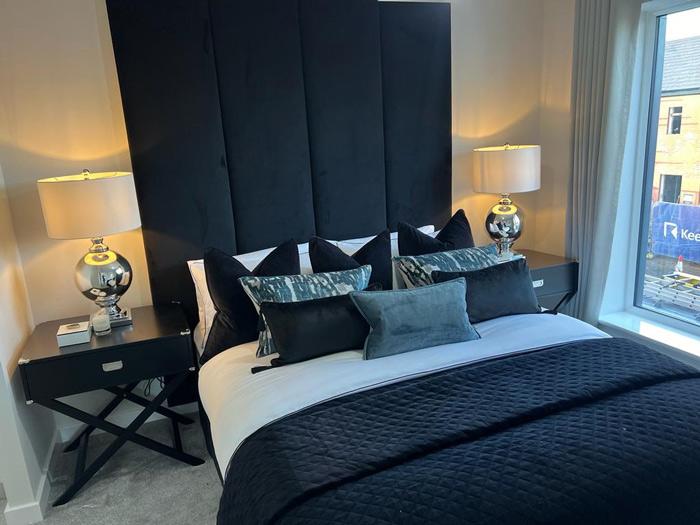 A bed installed in a showroom